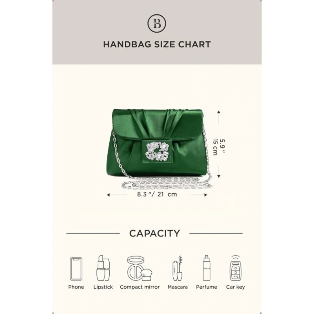 NWT-Elegant Green Satin Clutch with Chain Strap - Picture 11 of 12